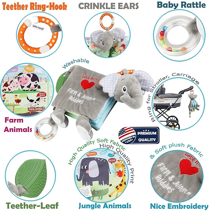 Elephant Crinkle Touch and Feel Books Baby Toys & Teddy Bear Toy Book -Teethers & Rattle