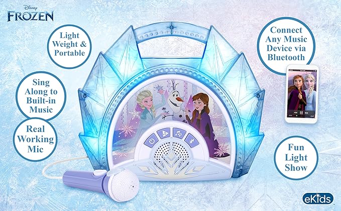 eKids Disney Frozen Karaoke Microphone with Bluetooth Speaker for Fans of Disney Toys, Kids Karaoke Machine with Built in Music