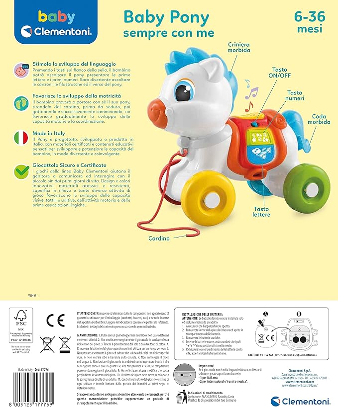 Clementoni - Baby Pony Sempre con Me Interactive Towing, Animal to Pull, Game for Motorability, First Steps, Learning to Walk, Children 6 Months-Made in Italy, Italian Colour, 17776