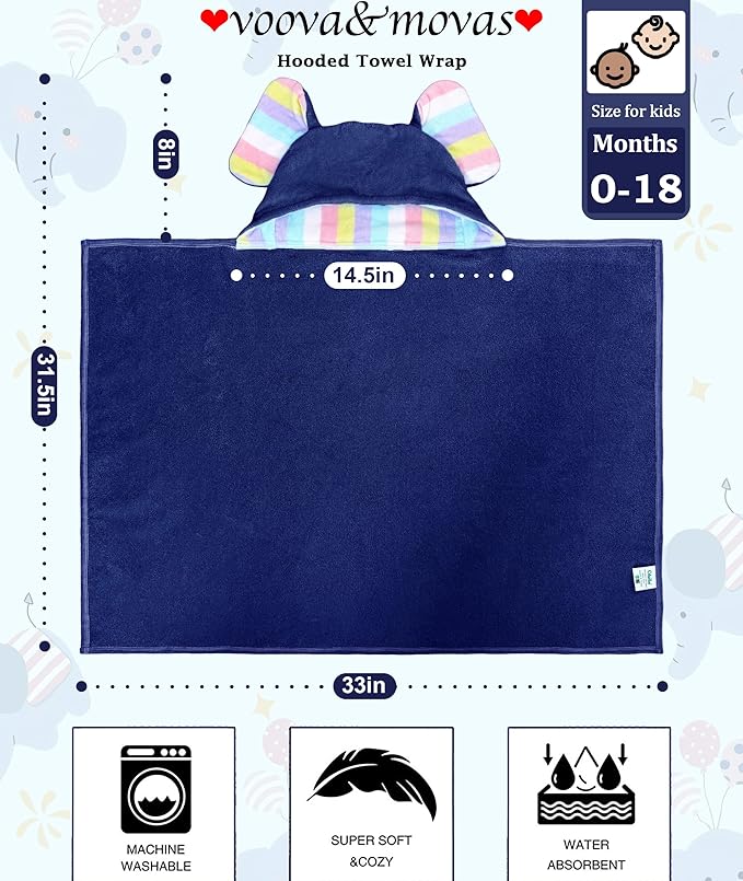 VOOVA & MOVAS Navy Baby Bath Towel with Cute Elephant Ears Hood – Super Absorbent, 100% Cotton, 420GSM – 33" x 31.5", Pink – Thick Towel for 0–18 Months – Newborn, Toddler, Infant, Baby Essentials