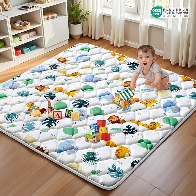 Baby Play Mats for Floor, Playpen Mat for Babies, Extra Thicker & Soft Floor Crawling Mat, Foldable Non-Slip Playmat Cushioned for Infants Toddlers (White-green, 50x50 Inch)