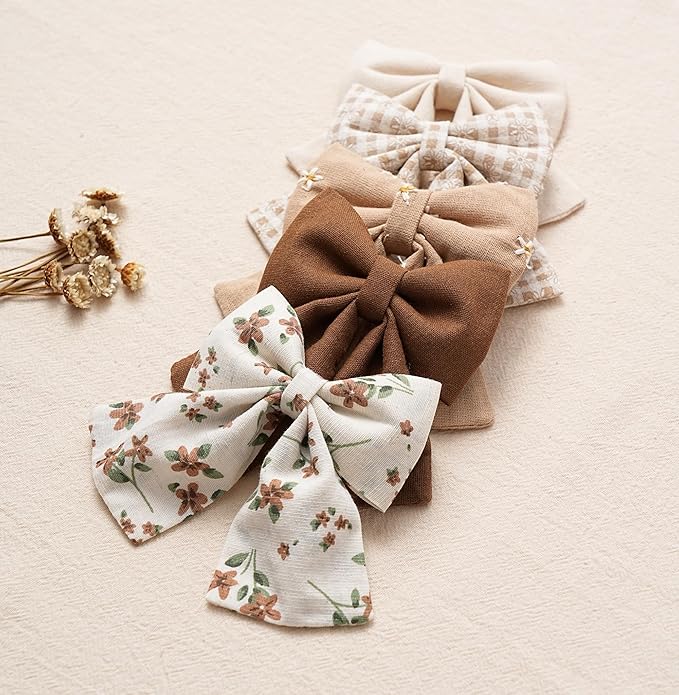 Hair Bows with Hair Clips for Girls Toddler Baby,Handmade 5" Flower Print Embroider Big Bows,FANCY CLOUDS Boutique Hair Accessorioes Gifts for School Kids