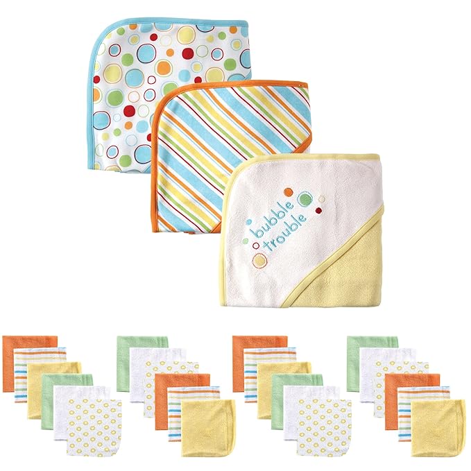 Luvable Friends Baby Hooded Towel and Washcloth Set, 27 Piece, Yellow Bubble Trouble