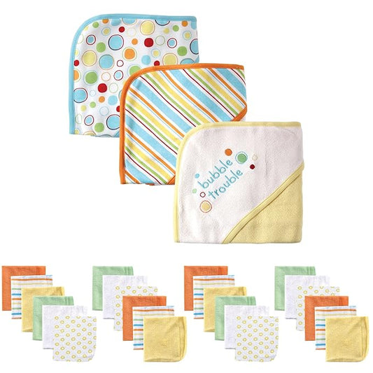 Luvable Friends Baby Hooded Towel and Washcloth Set, 27 Piece, Yellow Bubble Trouble