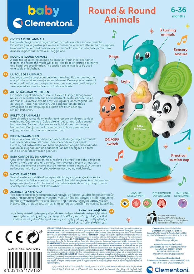 Clementoni - Game with Suction Cup for Highchair, Round & Round Animals - Interactive Early Childhood Animals, Windmill for Children 1 Year, Batteries Included, 17915