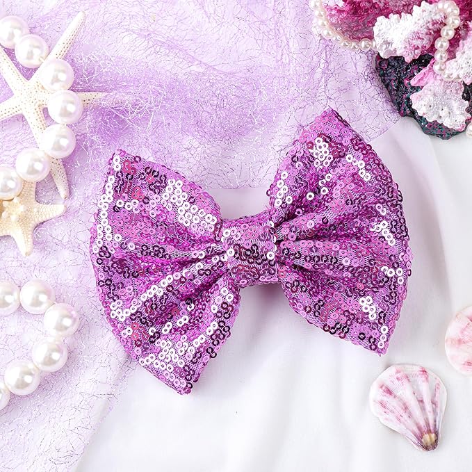 Hair Clip for Girls, 5 inches Sequins Large Bow with Alligator Clip, Hair Accessories for Women Teens Babies Toddlers Purple