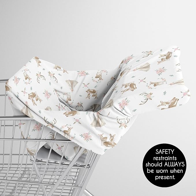 Sweet Jojo Designs Woodland Deer Floral Girl Infant Baby Car Seat Cover Nursing Breastfeeding Shopping Cart Stroller Canopy Blush Pink Mint Green Boho Watercolor Bohemian Forest Animal Shabby Chic