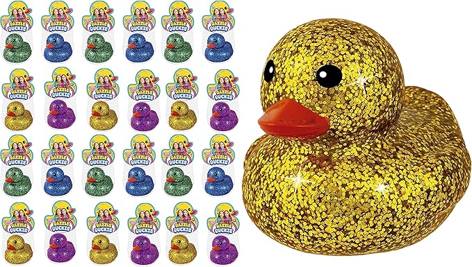 JA-RU Glitter Rubber Ducks Metallic Colors 3" (24 Unit Assorted) Fidget Toy for Kids, Sensory Play, Stress Relief, Stocking Stuffers, Supplies Pinata Filler in Bulk. Plus Sticker. 4343-24s