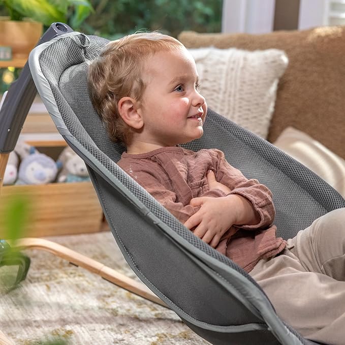 Ingenuity Every Season 2-in-1 Baby Rocker & Seat - Cooling and Warming Fabrics, Detachable Sustainable Wooden Activity Bar, Music, Vibration, for Ages 0-30 Months, Wesley (Grey)