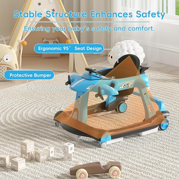 Betterhood 6-in-1 Foldable Baby Walker with Adjustable Height & Speed, Airplane-Themed Activity Push Walker with Music & Lights, Wheels, Anti-Slip Design, Suitable for Boys & Girls Aged 6-18 Months