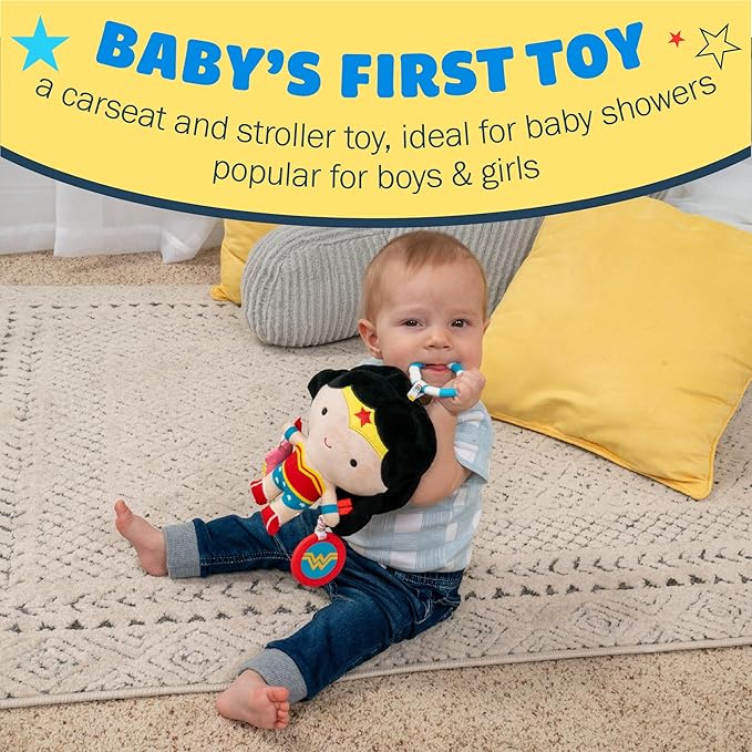 Kids Preferred DC Comics Wonder Woman Multi Sensory Activity Toy with Teethers, Crinkle Textures, and Clip for On The Go Fun for Infant and Baby Boys and Girls Medium