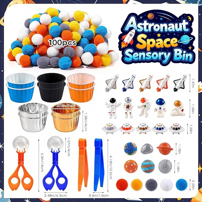 135 Pcs Space Sensory Bin Filler Astronaut Spaceship Counting Sorting Sensory Bin Items Fine Motor Galaxy Counts for Easter Day Spring Summer Sorting Counting Decor