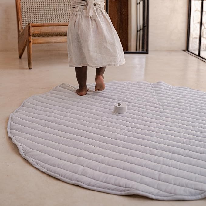 Toddlekind Organic Cotton Reversible Play Mat – 48" Handmade Blanket for Floor Activities, Tummy Time, Nursery Decor, and Family Comfort 0m+ Stone Stripes (Gray)