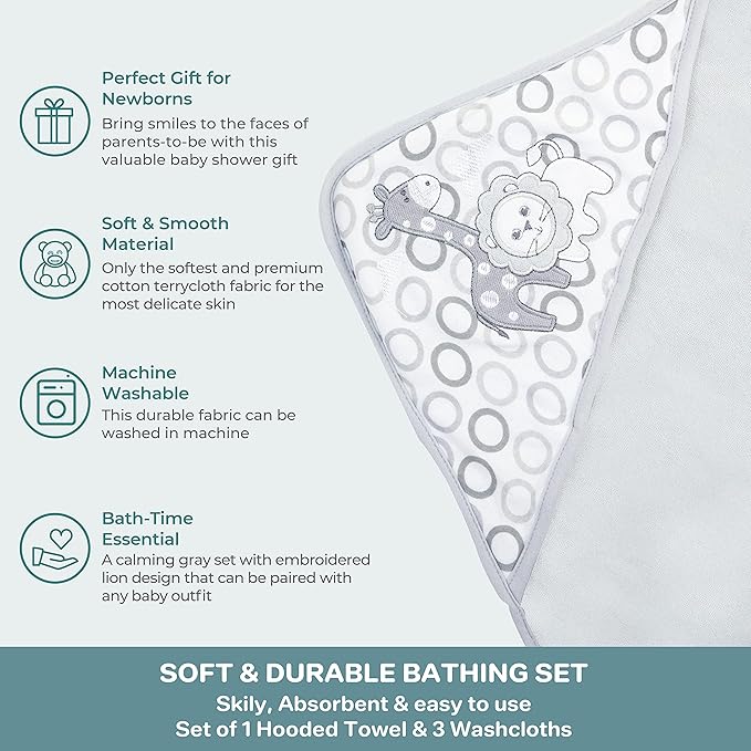 Spasilk 4-Piece Soft Terry Hooded Bath Towel and Washcloth Set, 1 Baby Towel and 3 Baby Washcloths for Newborn Boys and Girls, Gray Lion