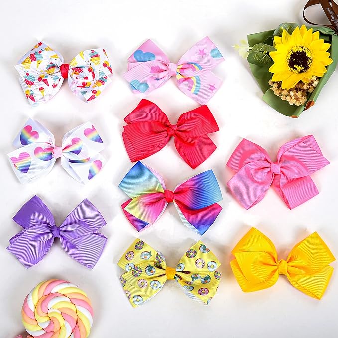 5" Hair Bows for Girls Colorful Little Girl Hair Bows Rainbow Heart Grosgrain Alligator Clip Bow for Toddler Girls Children Kids 12 Pcs