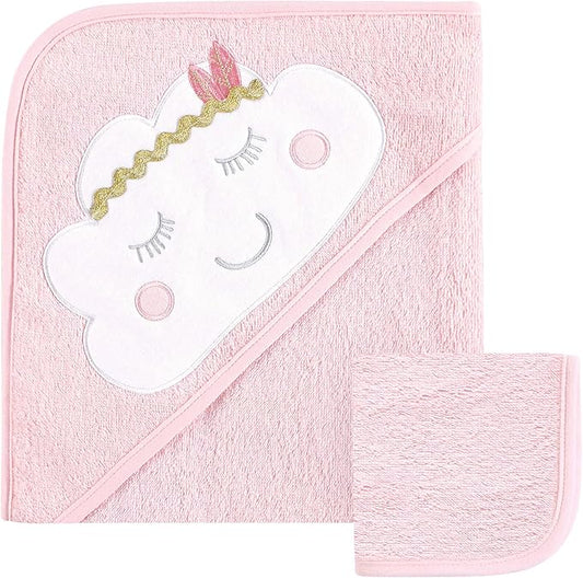 Hudson Baby Unisex Baby Cotton Hooded Towel and Washcloth, Boho Cloud, One Size