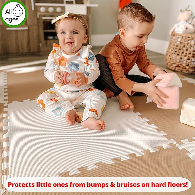 Extra Thick Baby Play Mat Tiles Non-Toxic Foam Floor Puzzle Mat Extra Large Interlocking Activity Playmat for Infants Toddlers Kids Crawling Tummy Time 74x74 Inches (Beige/White)
