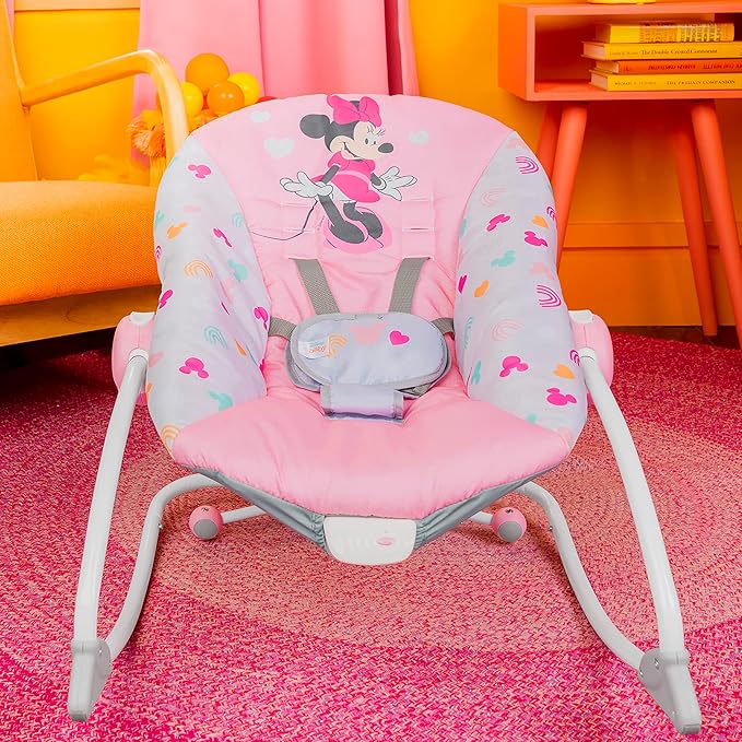 Bright Starts Disney Baby MINNIE MOUSE Infant to Toddler Rocker & Seat with Vibrations and Removable -Toy Bar, 0-30 Months Up to 40 lbs (Forever Besties)