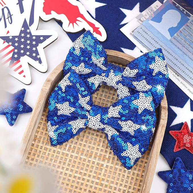 4th of July Hair Bows Clips Sparkly Cheer Sequins Bow Alligator Clips Hair Barrettes Kids Patriotic Bows for Girls Hair Accessories Star 2 Pcs