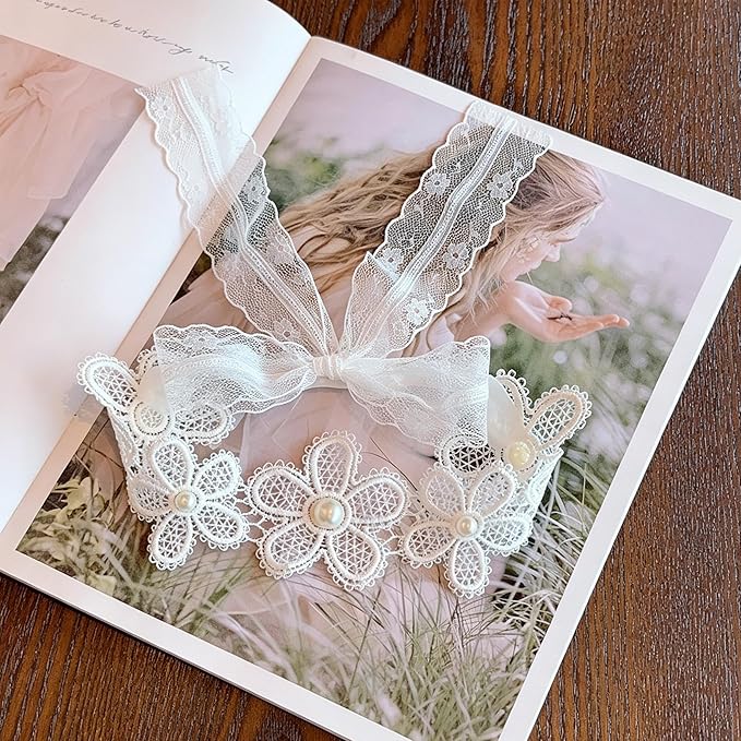 Baby Girls Hairband White Bow Lace Headbands Handmade Soft Stretchy Wide Head Band Newborn Hairbands with Bows Pearls Elastic Headband for Infant Hair Accessories（White Lace Flowers）