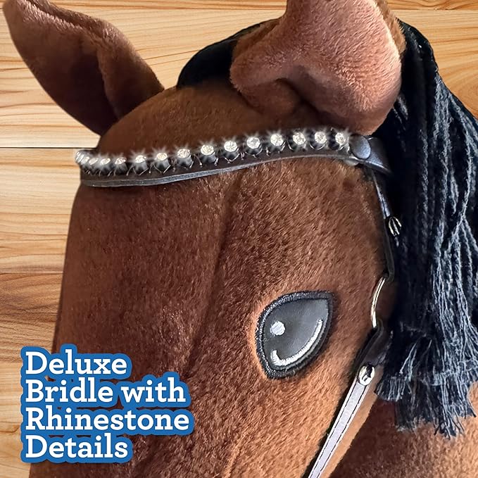 Playful Minds Large Hobby Horse for Kids and Adults – Show Quality with Rhinestone Studded Bridle, Removable Reins, and Long Mane – Plush Handmade Tournament Stick Horse (Bay (Brown))