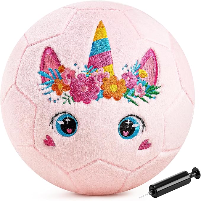 ZOOJOY Soft Balls for Toddlers 1-3, Silent Indoor Soccer Ball Size 3, Plush Inflatable House Ball for Kids 3-5, Kickball Toys First Birthday Gifts for Baby Boys Girls, Pink Unicorn, Pump Include