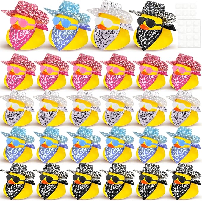Hanaive 24 Sets Cowboy Rubber Duck Light up Mini Holographic Space Disco Hat Scarf Sunglasses Graduation Light up Bath Toys Bathtub Accessories Baby Shower Birthday Supplies(Bling Style)