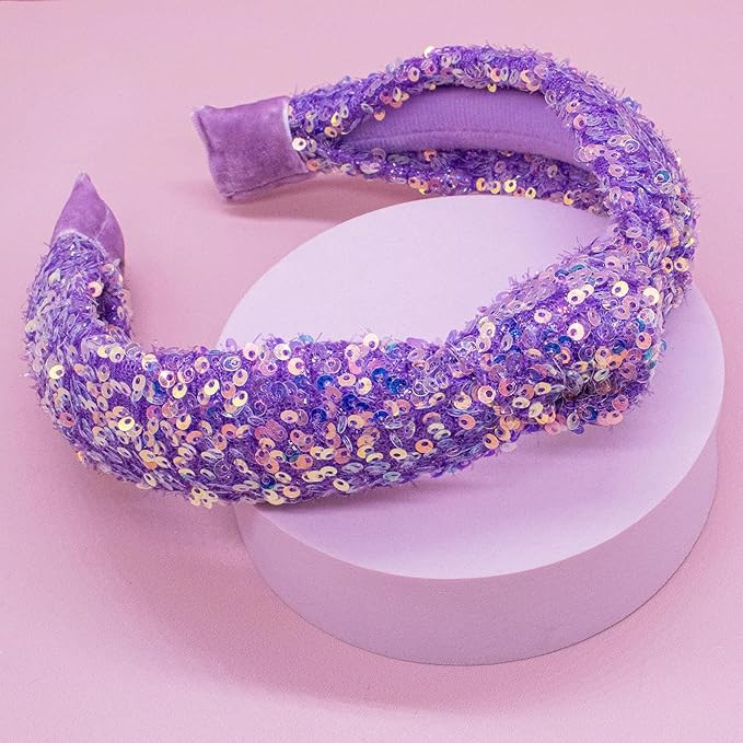 FROG SAC Sequin Knot Headband for Girls, Purple Knotted Hair Bands Accessories for Kids, Sparkly Iridescent Little Girl Headbands, Cute Fashion Hairbands for Tweens Stocking Stuffers for Children