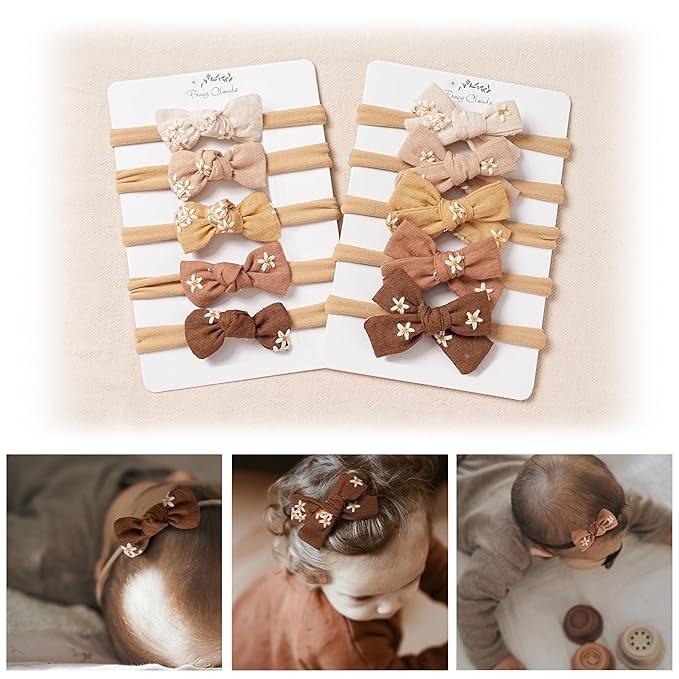 Fancy Clouds Baby Girl Bows Headbands,10 pcs Stretchy Soft Nylon Hairbands Hair Bows for Newborns, Infants, Toddlers - Handmade Baby Hair Accessories for Girls