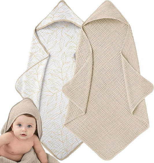 Muslin Hooded Baby Towels for Newborns, 32"x32", 100% Cotton – 6 Layers Super Soft Absorbent Breathable, Baby Bath Towel, Toddler Bath Towel – Pack of 2