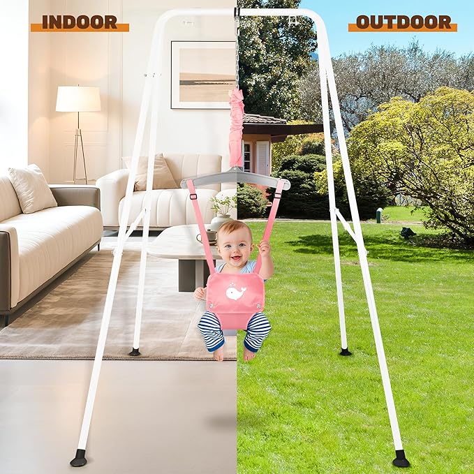 Baby Jumper with Stand, Foldable Activity Jumper for Infants, Height Adjustable Baby Bouncer No Doorway Needed Toddler Jumper, Portable Indoor Outdoor Baby Activity Center for 6-12 Months (Pink)