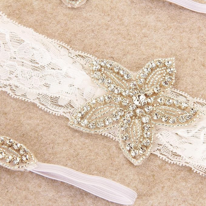 Nishine Girls White Rhinestone Flower Headband Pack Baby Christening Baptism Headband for Baby Shower Wedding Hair Accessories (Lace Star-2 Pack)