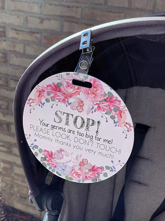 (Three Little Tots) No Touching Baby Car Seat and Stroller Two Pack- Baby Safety No Touching Car Seat Sign, Stroller Sign, Newborn Car Seat Tag- CPSIA Safety Tested (Flower/Rainbow)