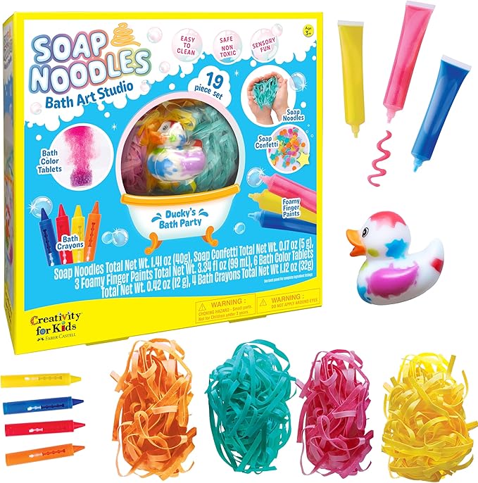 Creativity for Kids Soap Noodles Bath Art Studio – Bath Crayons, Soap Paint, Color Fizz & Confetti with Mold-Free Rubber Duck | Washable Bathtub Art & Sensory Toy Set for Toddlers and Kids (Ages 3+)