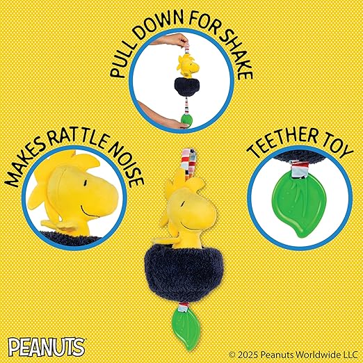 Kids Preferred Peanuts Charlie Brown Snoopy and Woodstock Baby Pulldown Sensory Toy for Kids & Toddlers with Teether Rattle & Stroller Car Seat Loop