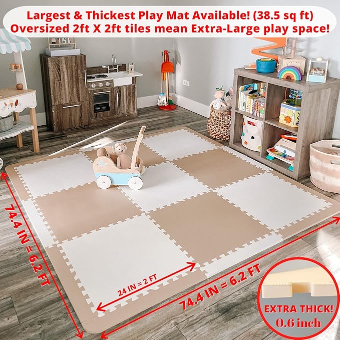 Extra Thick Baby Play Mat Tiles Non-Toxic Foam Floor Puzzle Mat Extra Large Interlocking Activity Playmat for Infants Toddlers Kids Crawling Tummy Time 74x74 Inches (Beige/White)