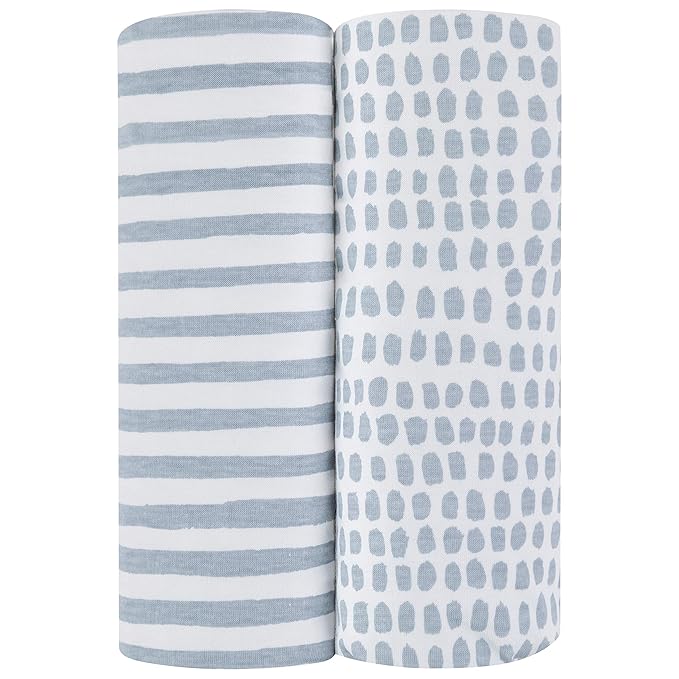 Ely’s & Co. Waterproof Pack and Play/Mini Crib Sheets – All-in-One Mattress Protector and Fitted Playard Sheets – Jersey Cotton – Blue Splash & Stripes, Baby Boy Nursery Bedding Essential – 2-Pack