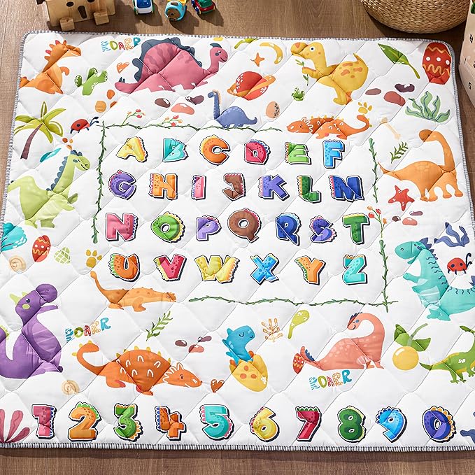 Baby Play Mat for Floor - MORAIS 50x50 Inch with 800g Filling Thickened Crawling Mat for Playpen, Cushioned Playpen Mat with Anti-Slip Bottom and Animal Alphabet (Dinosaur Land)