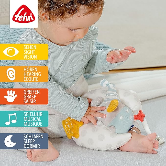 Fehn 053067 Musical Box Elephant in The Moon - Cuddly Toy & Sleep Aid with"Glow-in-The-Dark" Embroidery - Wind Up Music Box with Melody"The Moon is Up" - for Babies from Birth