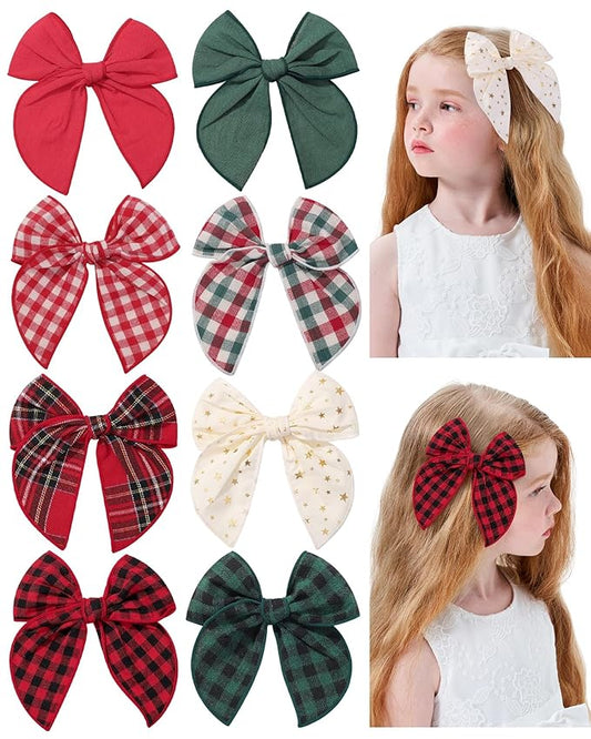 Doboi 8PCS Baby Girls Hair Clips Large Christmas Fable Hair Bows Cotton Linen Bows for Girls Gingham Hair Accessories for Baby Toddlers Kids