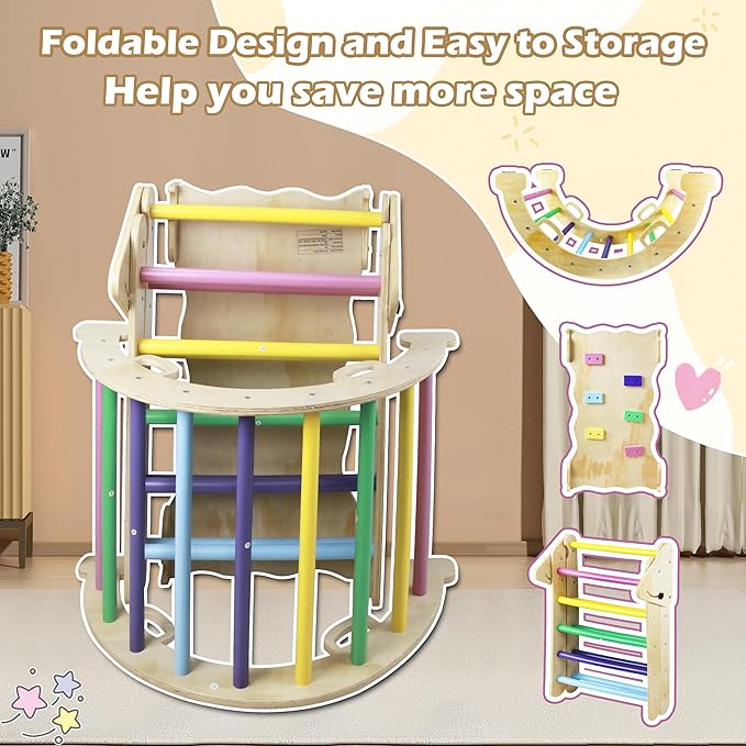 5in1 Wooden Climbing Toys, for Toddler Kids Playground with Arch & Ramp & Ladder, Foldable Baby Jungle Climbing Gym, Outdoor & Indoor