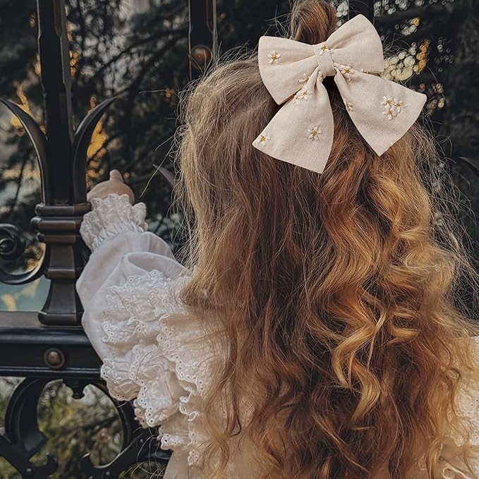 Hair Bows with Hair Clips for Girls Toddler Baby,Handmade 5" Flower Print Embroider Big Bows,FANCY CLOUDS Boutique Hair Accessorioes Gifts for School Kids