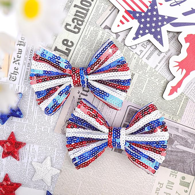 4th of July Bow Hair Clips for Girls Glitter Hair Accessories 5” Big Bows Hairpin Baby Barrettes Sequins Cheer Bows Red Blue Stripes 2 Pcs