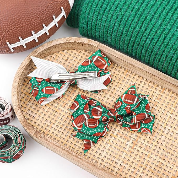 YanJie 2pcs 4'' Football Hair Bows Clips Glitter Ribbon Rugby Hair Clips Green Sports Theme Party Hair Accessories Baby Girl Football Outfit