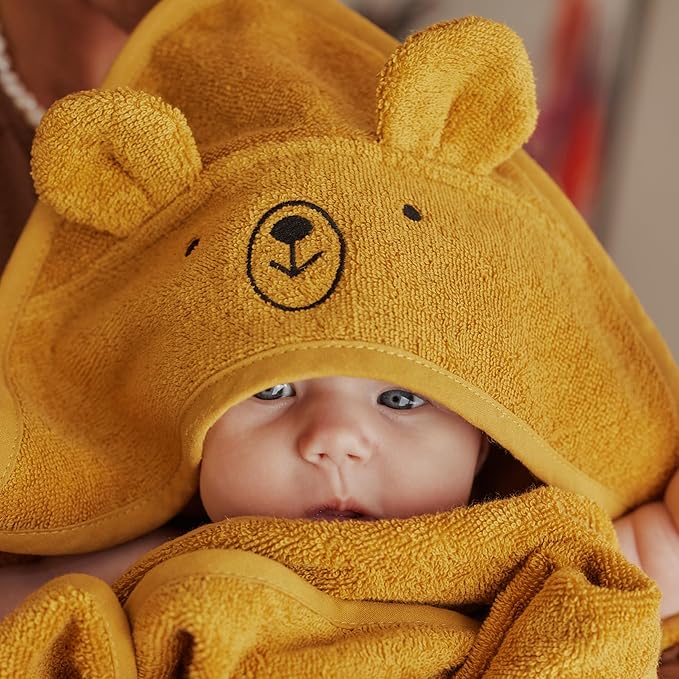 Hooded Baby Towels - 100% Organic Cotton Baby Bath Towels for Baby Boy, Baby Girl, 32" x 32" Super-Soft and Absorbent Baby Towels for Newborn (Bear - Autumn Yellow)