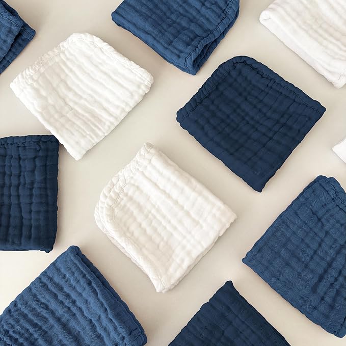 Sunny zzzZZ Baby Muslin Washcloths -100% Cotton Muslin Soft Baby Bath Wash Cloths and Absorbent Burp Cloths for Newborns Kids Girls and Boys -12 Pack, 12x12 Inches - White+Deep Navy Series