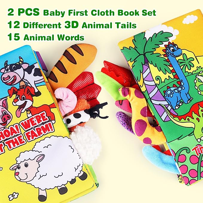 Helsort Soft Baby Books for 0-18 Months, 2PCS Crinkle Cloth Book - Dinosaur and Farm Themes, Tummy Time Toys for Infants 0-6-12-18 Months, Sensory Books for Babies, Ideal Christmas