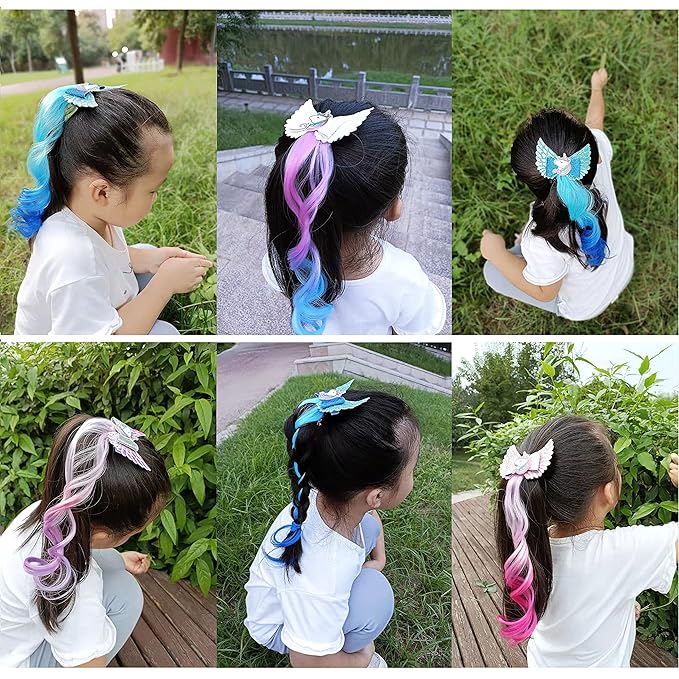 5- Colored Angel Wings Hair Bows Hair Extensions For Girls, Glitter Unicorn Hair Accessories (5PCS)