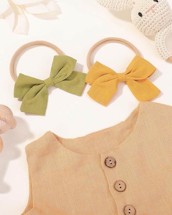 jollybows 30pcs Baby Girls Nylon Hair Bows Headbands Linen Bands Elastic Accessories for Kids Infants Newborn (3-30 PCS Solid Linen)