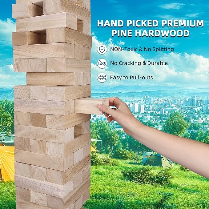GOTHINK Giant Tumble Tower Game, Large Tumbling Tower Stacking to Over 5 FT 54pcs Wooden Jumbo Blocks for Outside Yard Games with Carry Case Timber Stacking Game Night Toy Gift for Kids Adults Family